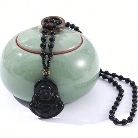 JADE obsidian Black Hand Carved Maitreya Buddah Pendant Necklace - Picture 1 of 7